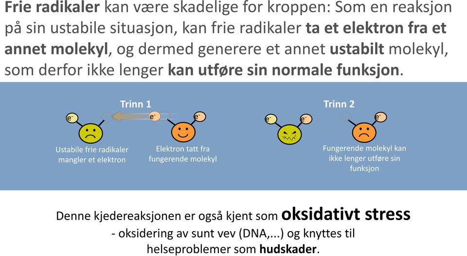 Trinn 1 Trinn 2 e - e - e - e - e - e - Ustabile frie radikaler mangler et elektron Elektron tatt fra fungerende molekyl Fungerende molekyl