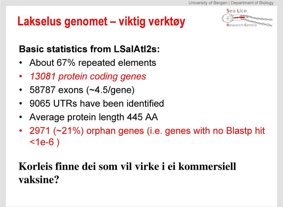 5/gene) 9065 UTRs have been identified Average protein length 445 AA 2971 (~21%) orphan