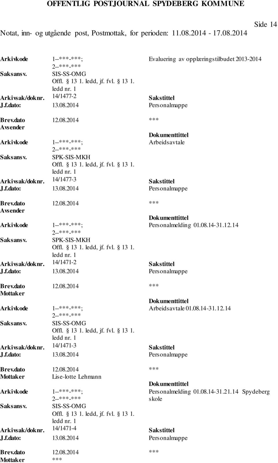 14 SPK-SIS-MKH Arkivsak/doknr. 14/1471-2 Sakstittel J.f.dato: 13.08.2014 Personalmappe Mottaker Arbeidsavtale 01.08.14-31.12.14 SIS-SS-OMG Arkivsak/doknr.