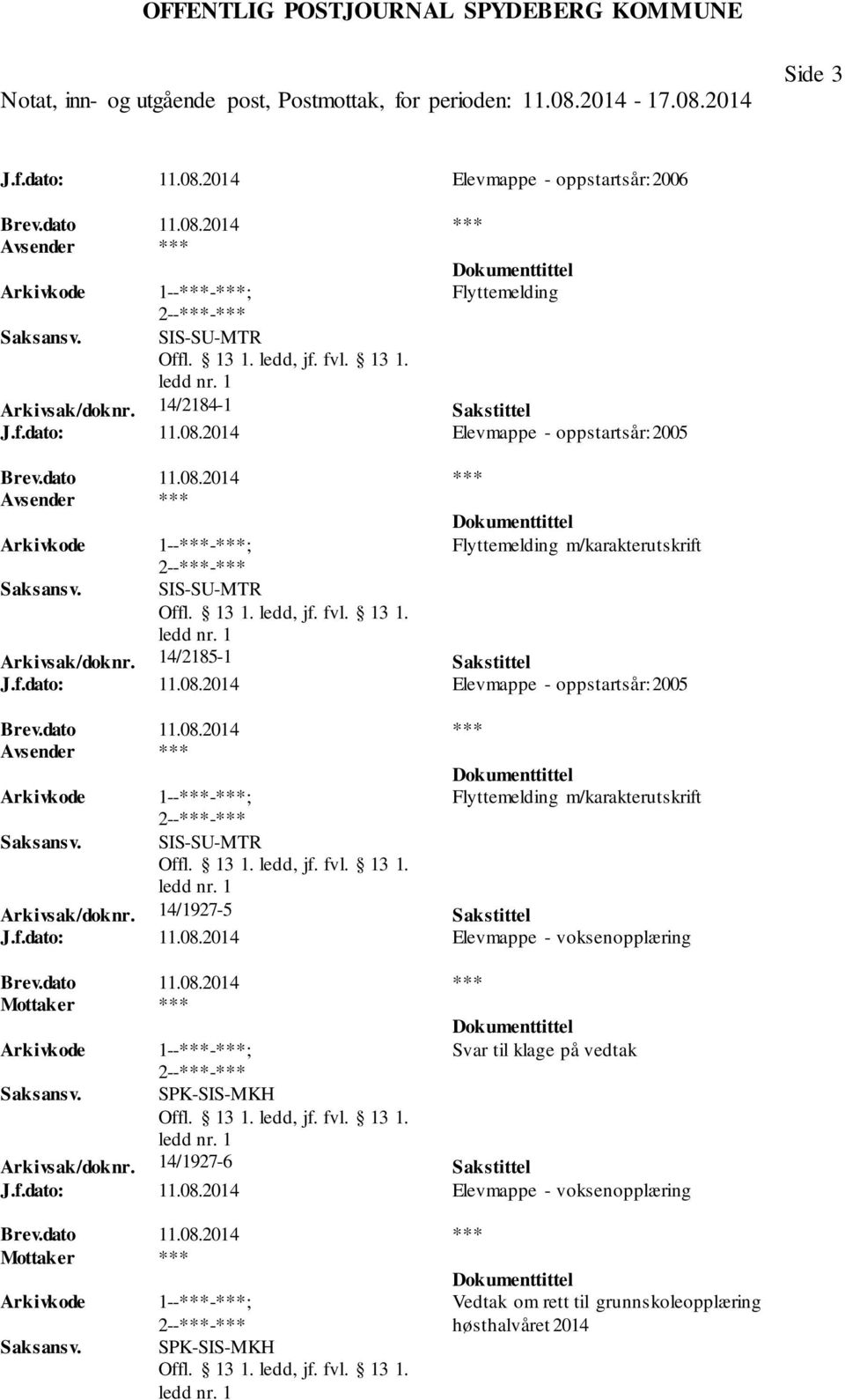 f.dato: 11.08.2014 Elevmappe - voksenopplæring Brev.dato 11.08.2014 *** Svar til klage på vedtak SPK-SIS-MKH Arkivsak/doknr. 14/1927-6 Sakstittel J.f.dato: 11.08.2014 Elevmappe - voksenopplæring Brev.dato 11.08.2014 *** SPK-SIS-MKH Vedtak om rett til grunnskoleopplæring høsthalvåret 2014