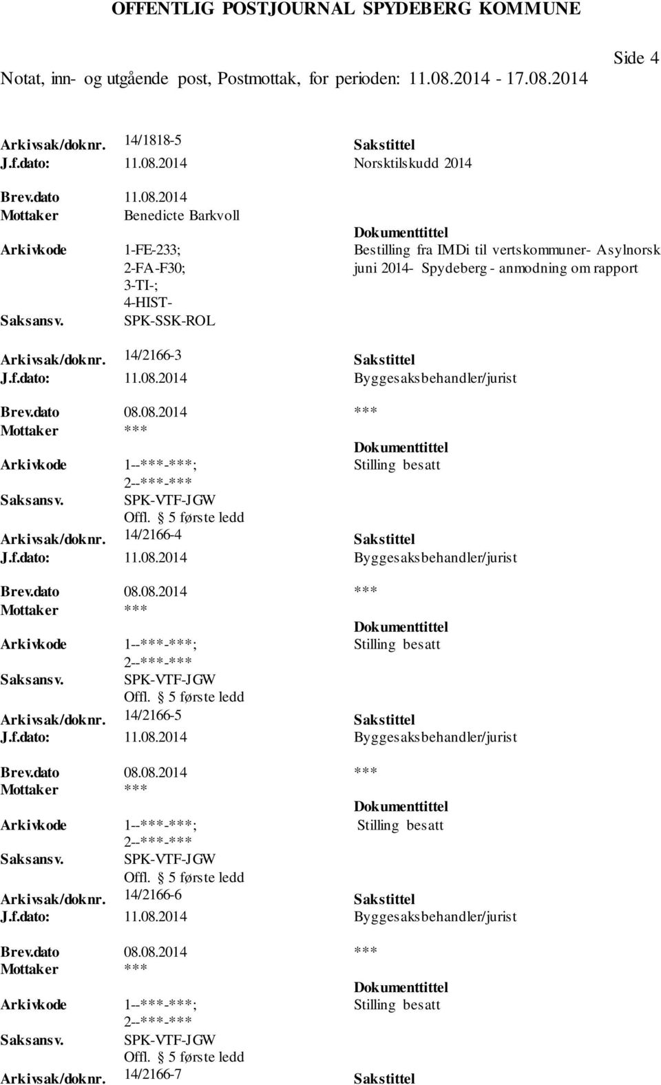2014 Mottaker Benedicte Barkvoll 1-FE-233; 2-FA-F30; 3-TI-; 4-HIST- SPK-SSK-ROL Bestilling fra IMDi til vertskommuner-