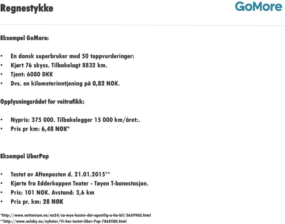 Pris pr km: 6,48 NOK* Eksempel UberPop Testet av Aftenposten d. 21.01.2015** Kjørte fra Edderkoppen Teater - Tøyen T-banestasjon. Pris: 101 NOK.
