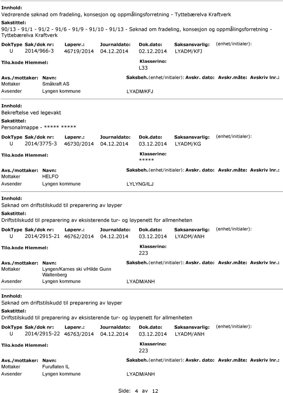 2014 LYADM/KFJ L33 Småkraft AS LYADM/KFJ Bekreftelse ved legevakt Personalmappe - 2014/3775-3 46730/2014 LYADM/KG HELFO LYLYNG/LJ Søknad om driftstilskudd til preparering av løyper