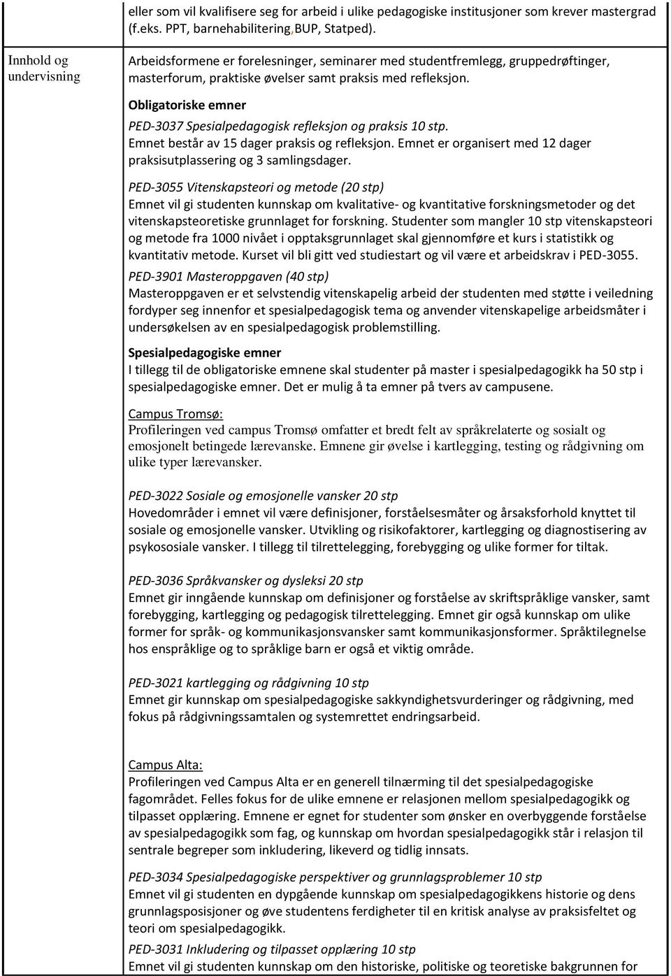 Obligatoriske emner PED-3037 Spesialpedagogisk refleksjon og praksis 10 stp. Emnet består av 15 dager praksis og refleksjon. Emnet er organisert med 12 dager praksisutplassering og 3 samlingsdager.