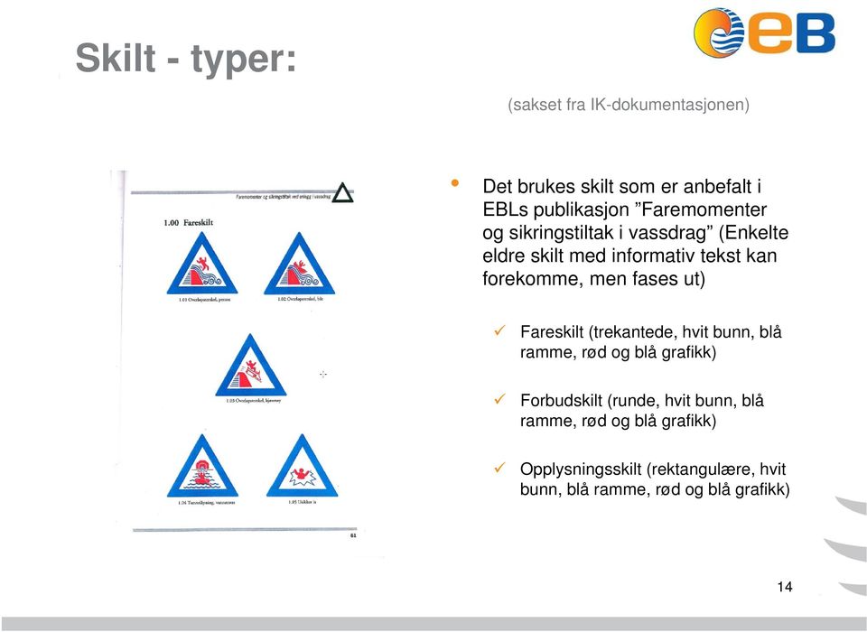 fases ut) Fareskilt (trekantede, hvit bunn, blå ramme, rød og blå grafikk) Forbudskilt (runde, hvit