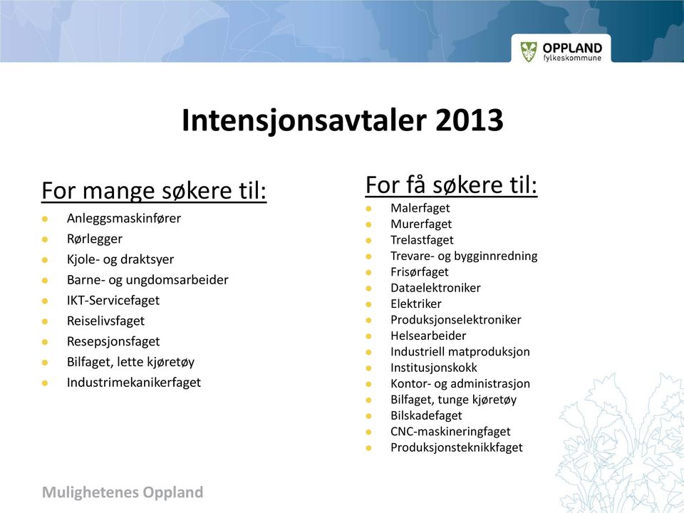 Murerfaget Trelastfaget Trevare- og bygginnredning Frisørfaget Dataelektroniker Elektriker Produksjonselektroniker Helsearbeider