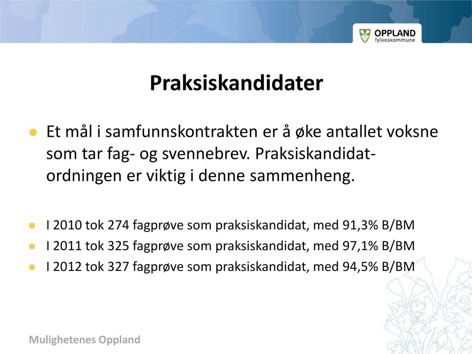 I 2010 tok 274 fagprøve som praksiskandidat, med 91,3% B/BM I 2011 tok 325 fagprøve