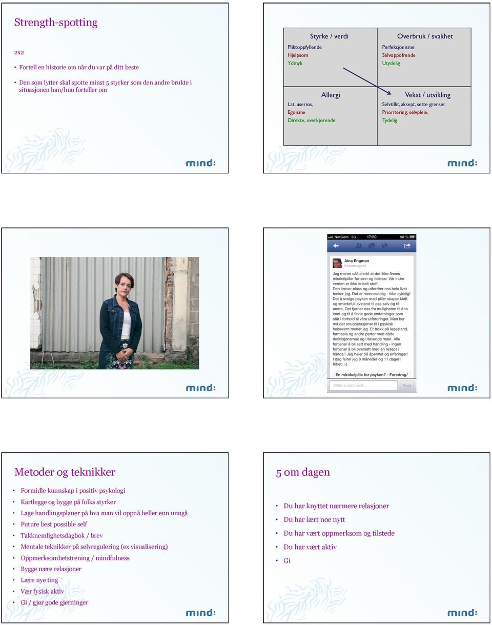 Prioritering, selvpleie, Tydelig Metoder og teknikker 5 om dagen Formidle kunnskap i positiv psykologi Kartlegge og bygge på folks styrker Lage handlingsplaner på hva man vil oppnå heller enn unngå