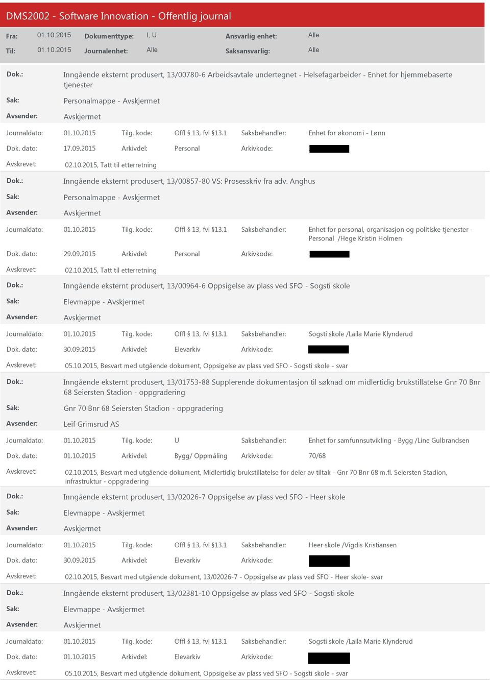 2015 Inngående eksternt produsert, 13/00964-6 Oppsigelse av plass ved SFO- Sogsti skole Elevmappe- Sogsti skole /Laila Marie Klynderud 30.09.2015 05.10.