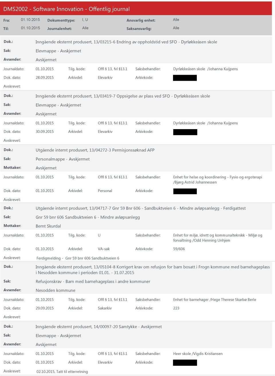 2015 tgående internt produsert, 13/04272-3 PermisjonssøknadAFP mappe- Enhet for helse og koordinering - Fysioog ergoterapi /Bjørg Astrid Johannessen tgående internt produsert, 13/04717-7 Gnr 59 Bnr