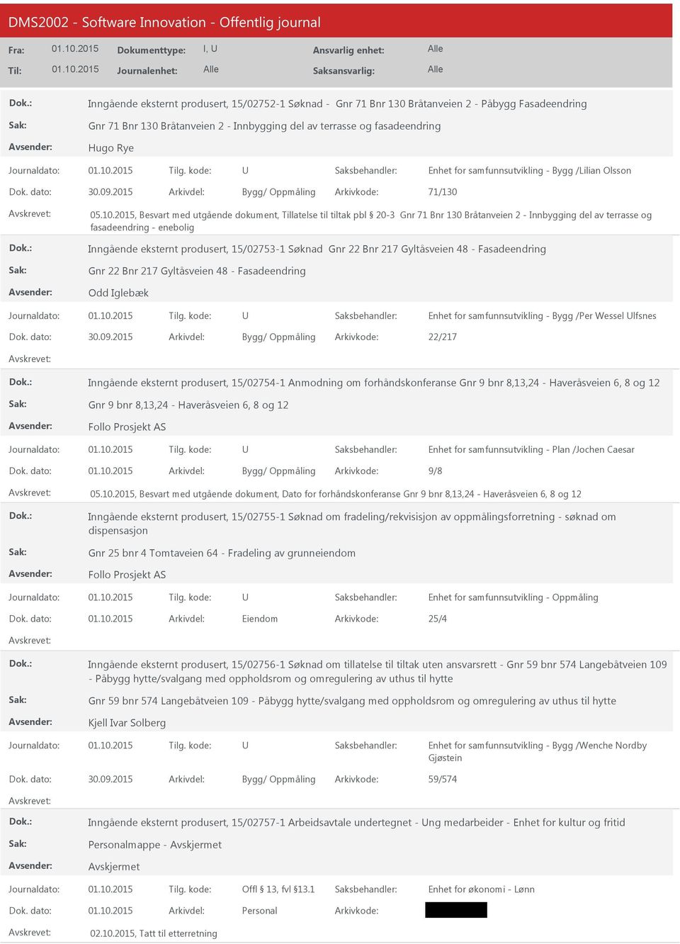 2015,Besvartmed utgående dokument, Tillatelsetil tiltak pbl 20-3 Gnr 71 Bnr 130 Bråtanveien2 - Innbygging del av terrasseog fasadeendring - enebolig Inngående eksternt produsert, 15/02753-1 Søknad