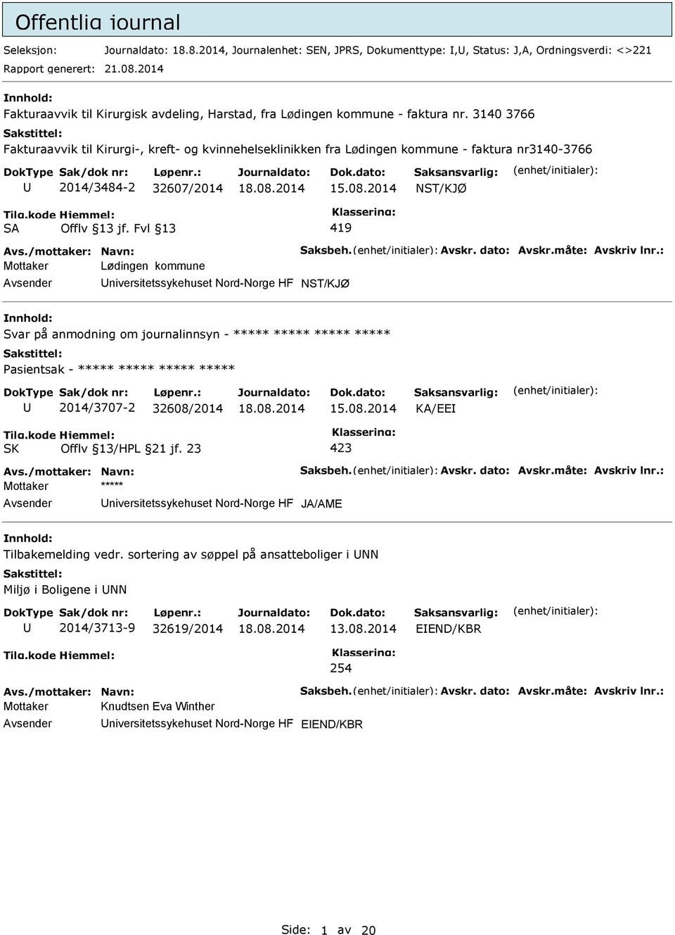 3140 3766 Fakturaavvik til Kirurgi-, kreft- og kvinnehelseklinikken fra Lødingen kommune - faktura nr3140-3766 U 2014/3484-2 32607/2014 NST/KJØ SA Offlv 13 jf.