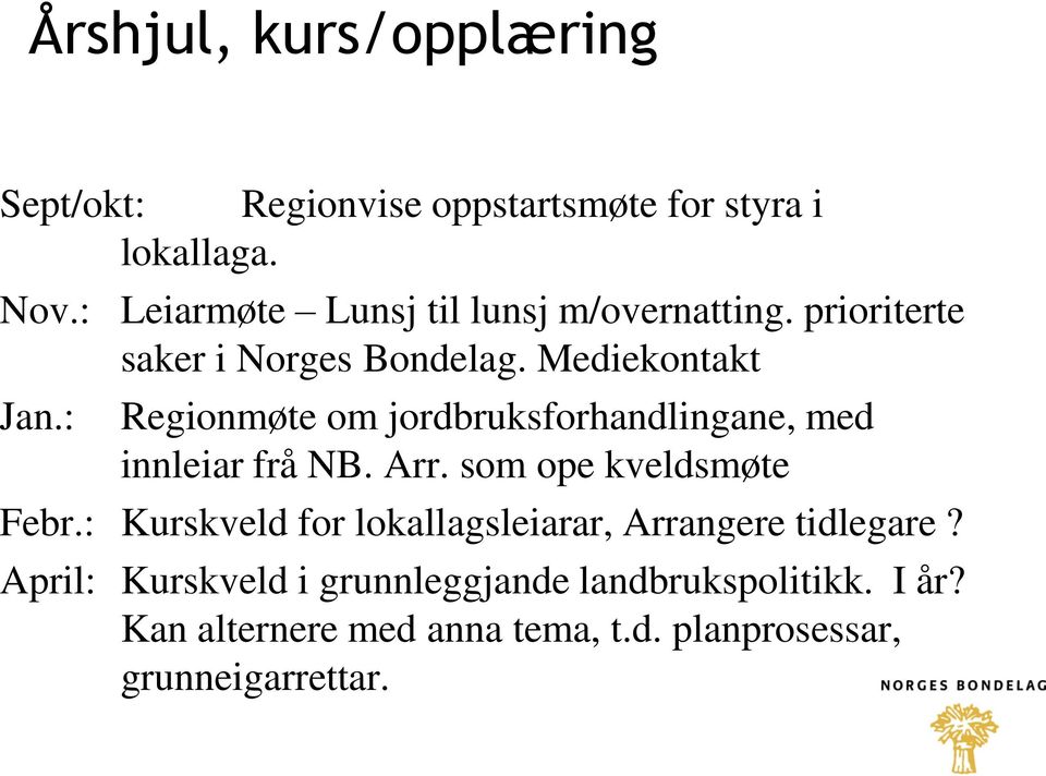 : Regionmøte om jordbruksforhandlingane, med innleiar frå NB. Arr. som ope kveldsmøte Febr.