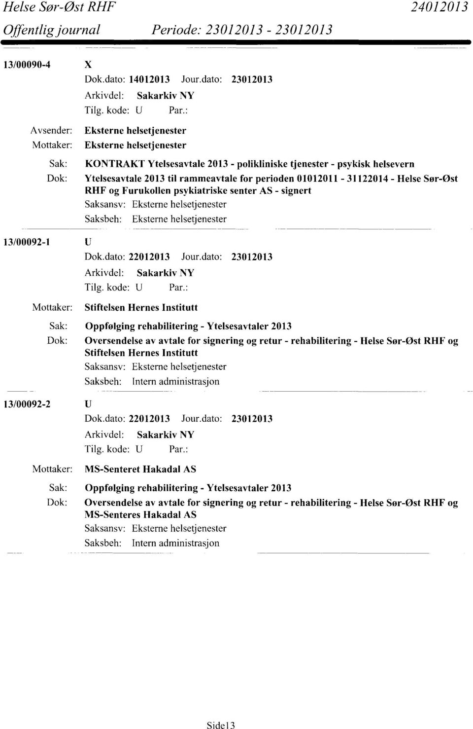 Furukollen psykiatriske senter AS - signert 13/00092-1 Stiftelsen Hernes Institutt Sak: Oppfølging rehabilitering - Ytelsesavtaler 2013 Dok: Oversendelse av avtale for signering og retur -