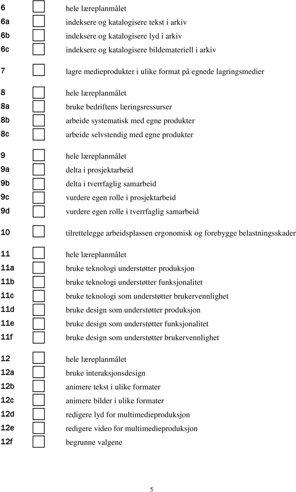 tverrfaglig samarbeid 9c vurdere egen rolle i prosjektarbeid 9d vurdere egen rolle i tverrfaglig samarbeid 10 tilrettelegge arbeidsplassen ergonomisk og forebygge belastningsskader 11 hele