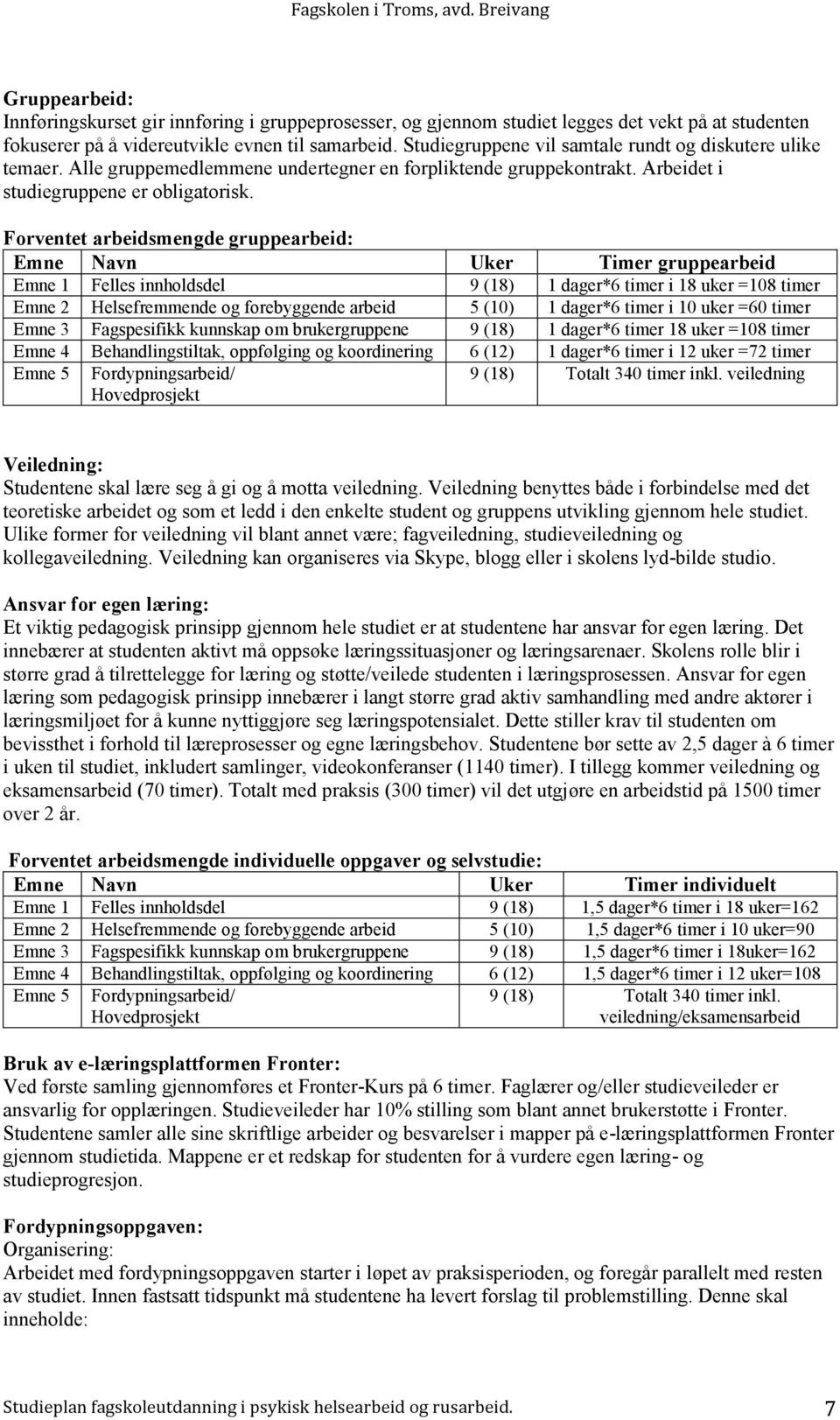 Forventet arbeidsmengde gruppearbeid: Emne Navn Uker Timer gruppearbeid Emne 1 Felles innholdsdel 9 (18) 1 dager*6 timer i 18 uker =108 timer Emne 2 Helsefremmende og forebyggende arbeid 5 (10) 1