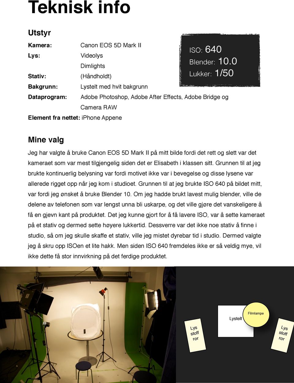 0 Lukker: 1/50 Adobe Photoshop, Adobe After Effects, Adobe Bridge og Mine valg Jeg har valgte å bruke Canon EOS 5D Mark II på mitt bilde fordi det rett og slett var det kameraet som var mest