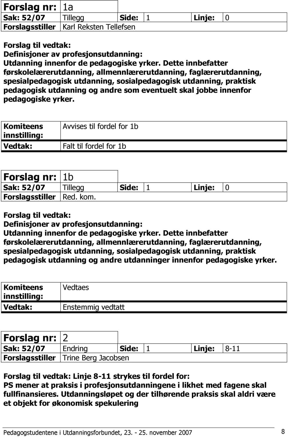 jobbe innenfor pedagogiske yrker. Avvises til fordel for 1b Falt til fordel for 1b Forslag nr: 1b Sak: 52/07 Tillegg Side: 1 Linje: 0 Forslagsstiller Red. kom.