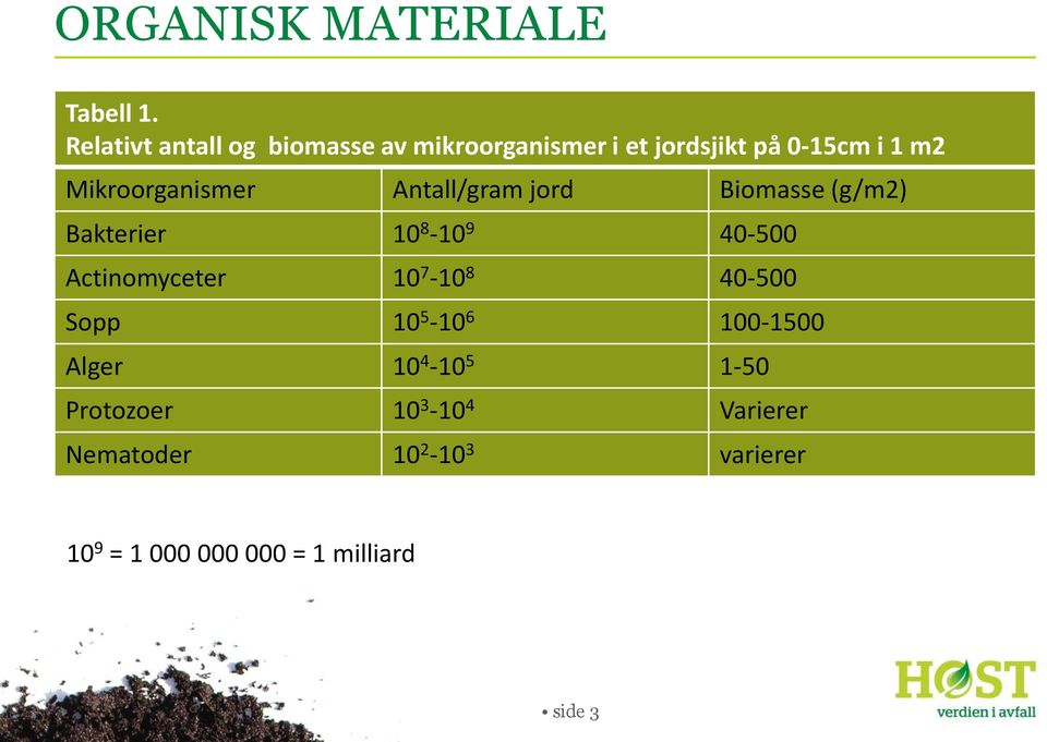 Mikroorganismer Antall/gram jord Biomasse (g/m2) Bakterier 10 8-10 9 40-500 Actinomyceter