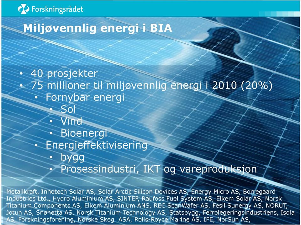 , Hydro Aluminium AS, SINTEF, Raufoss Fuel System AS, Elkem Solar AS, Norsk Titanium Components AS, Elkem Aluminium ANS, REC ScanWafer AS, Fesil Sunergy AS,