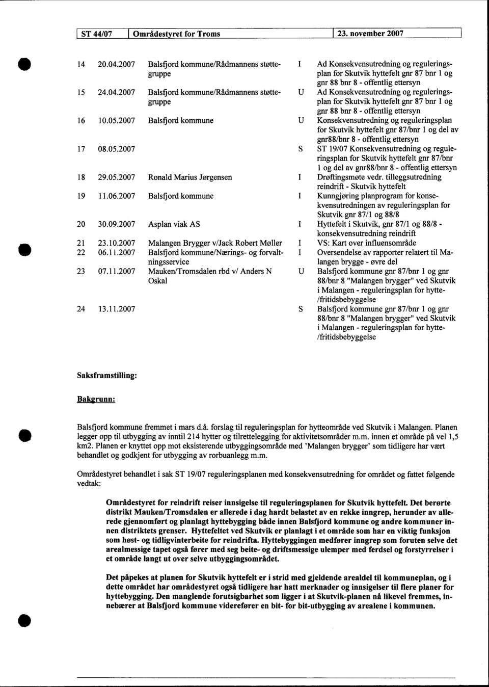 27 Balsfjord kommune U Konsekvensutredning og reguleringsplan for Skutvik hyttefelt gnr 87/bnr 1 og del av gnr88/bnr 8 - offentlig ettersyn 17 8.5.
