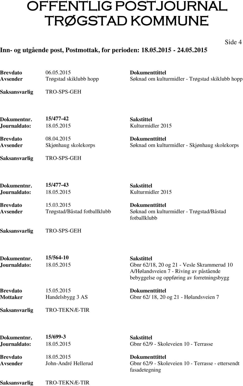 03.2015 Dokumenttittel Avsender Trøgstad/Båstad fotballklubb Søknad om kulturmidler - Trøgstad/Båstad fotballklubb TRO-SPS-GEH Dokumentnr. 15/564-10 Sakstittel Journaldato: 18.05.