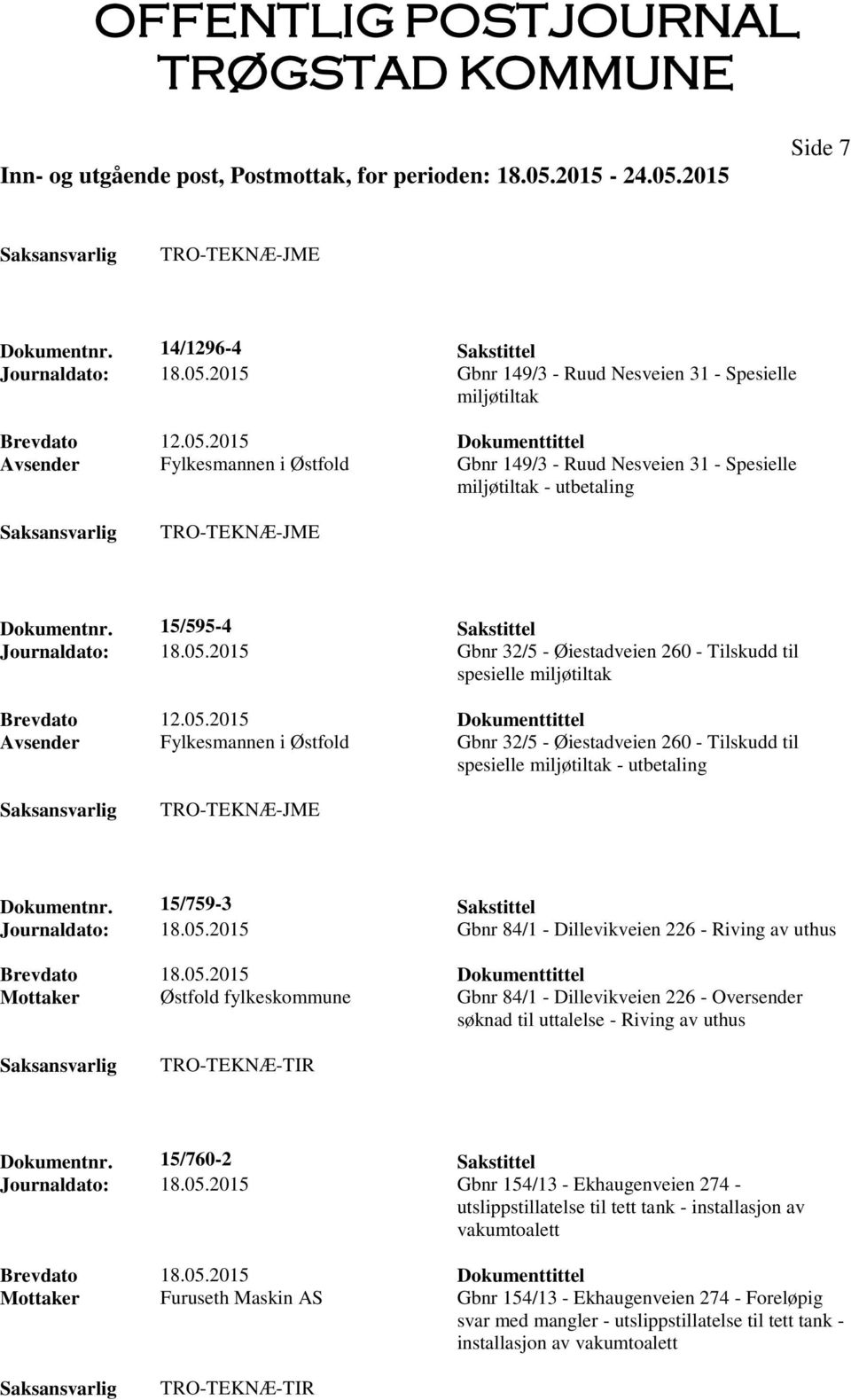 2015 Dokumenttittel Avsender Fylkesmannen i Østfold Gbnr 149/3 - Ruud Nesveien 31 - Spesielle miljøtiltak - utbetaling TRO-TEKNÆ-JME Dokumentnr. 15/595-4 Sakstittel Journaldato: 18.05.