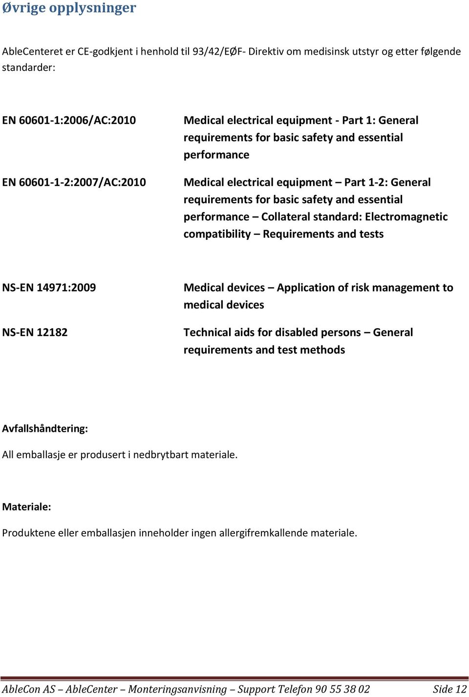 Collateral standard: Electromagnetic compatibility Requirements and tests NS-EN 14971:2009 NS-EN 12182 Medical devices Application of risk management to medical devices Technical aids for disabled