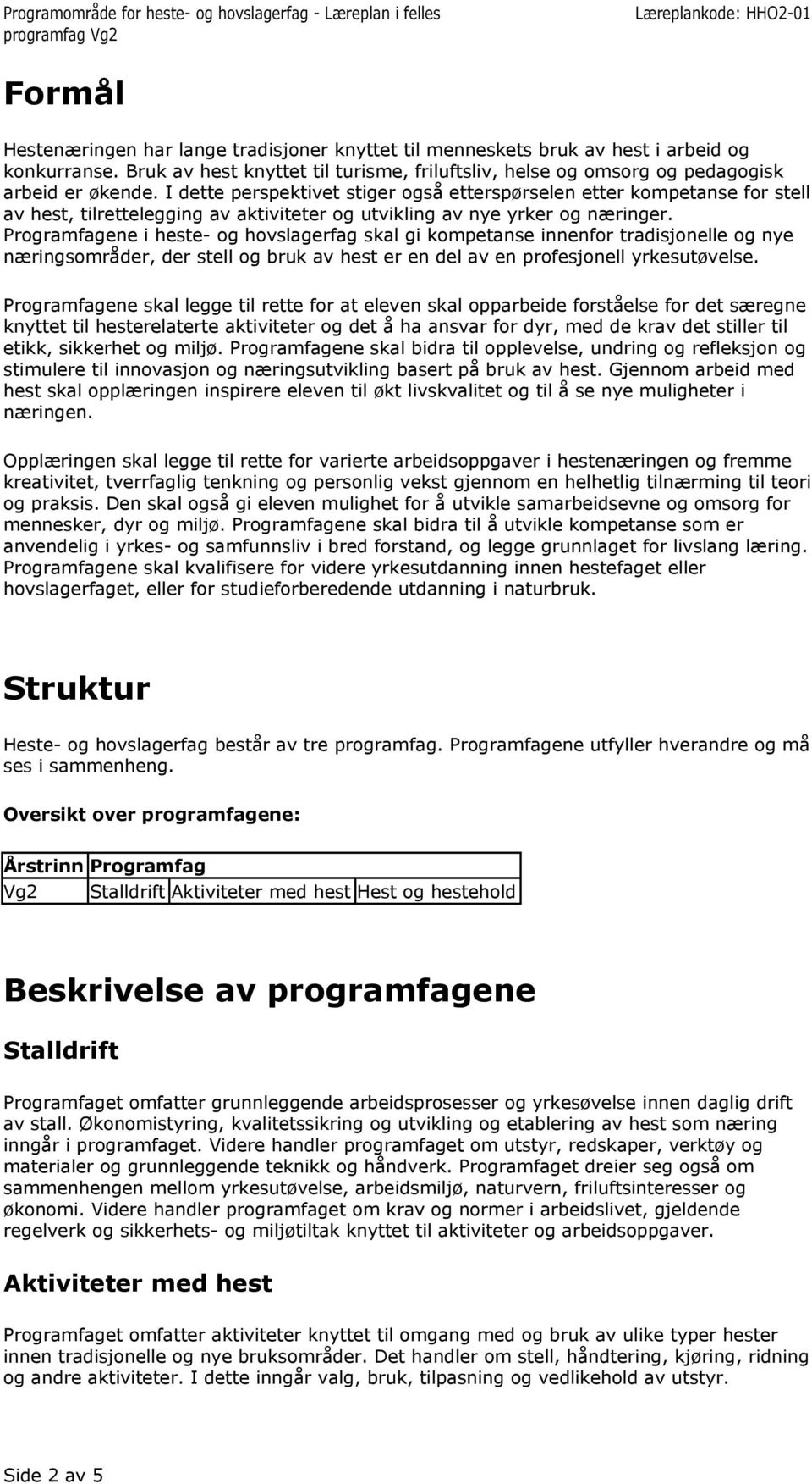 Programfagene i heste- og hovslagerfag skal gi kompetanse innenfor tradisjonelle og nye næringsområder, der stell og bruk av hest er en del av en profesjonell yrkesutøvelse.