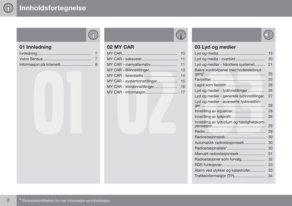 .. 19 Lyd og media - oversikt... 20 Lyd og medier - håndtere systemet... 21 Bakre kontrollpanel med hodetelefonutgang*... 25 Favoritter... 25 Lagre som favoritt... 26 Lyd og medier - lydinnstillinger.