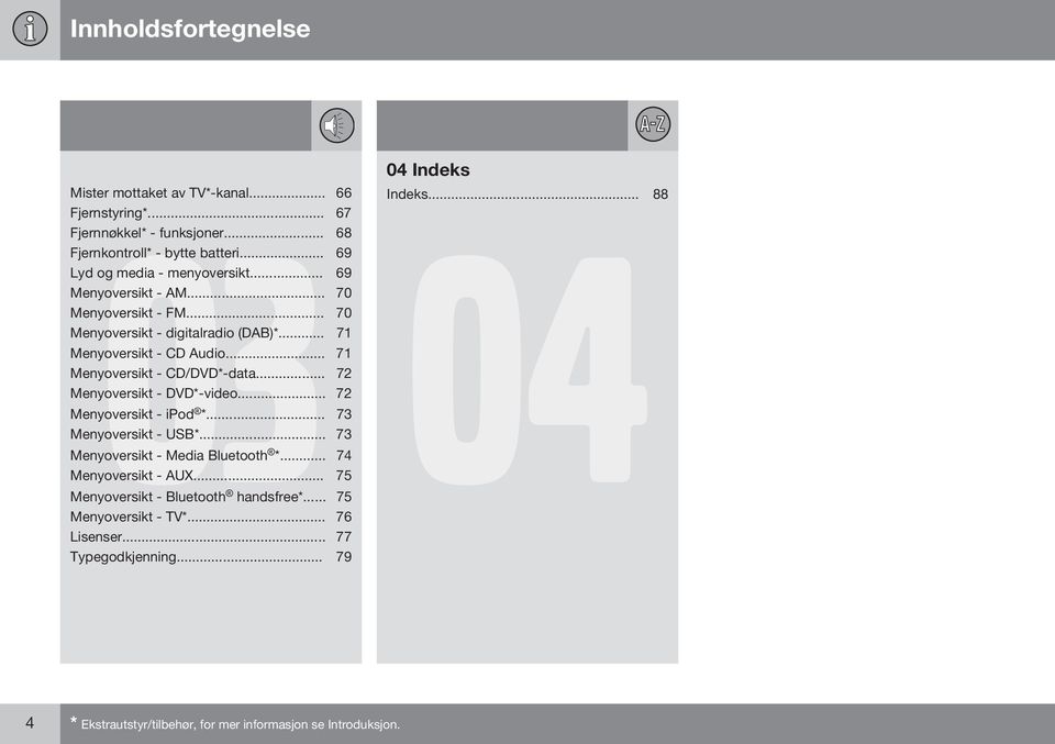 .. 71 Menyoversikt - CD Audio... 71 Menyoversikt - CD/DVD*-data... 72 Menyoversikt - DVD*-video... 72 Menyoversikt - ipod *... 73 Menyoversikt - USB*.