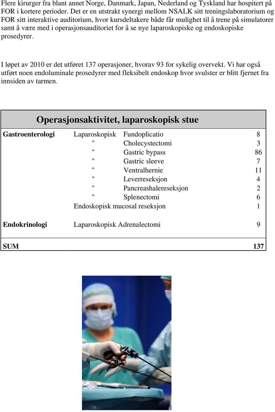 operasjonsauditoriet for å se nye laparoskopiske og endoskopiske prosedyrer. I løpet av 2010 er det utføret 137 operasjoner, hvorav 93 for sykelig overvekt.