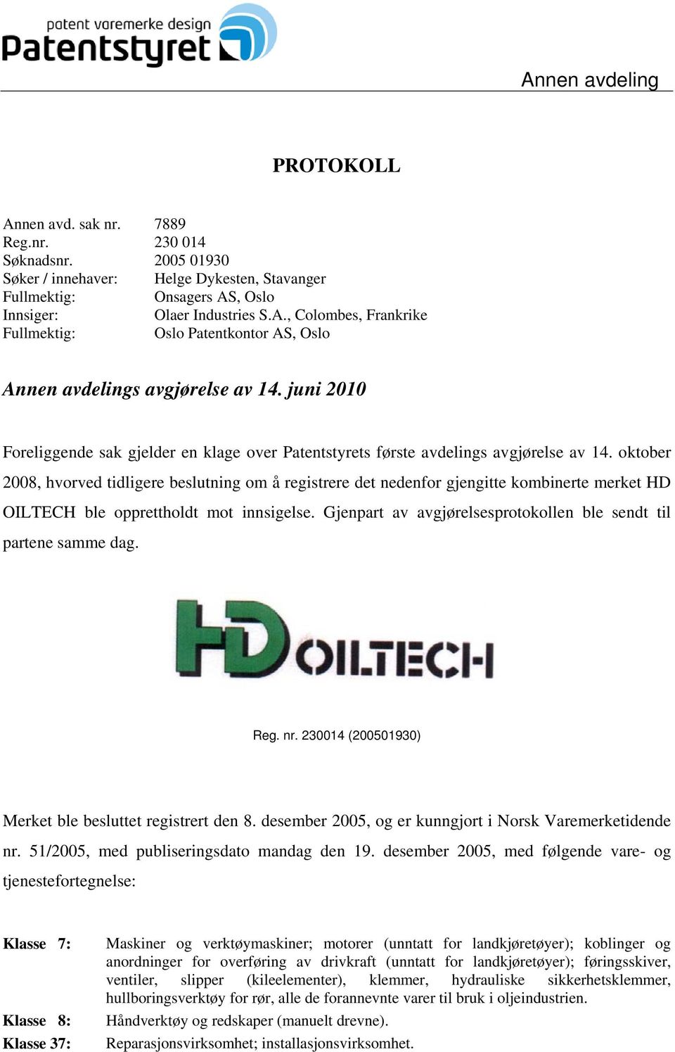 oktober 2008, hvorved tidligere beslutning om å registrere det nedenfor gjengitte kombinerte merket HD OILTECH ble opprettholdt mot innsigelse.