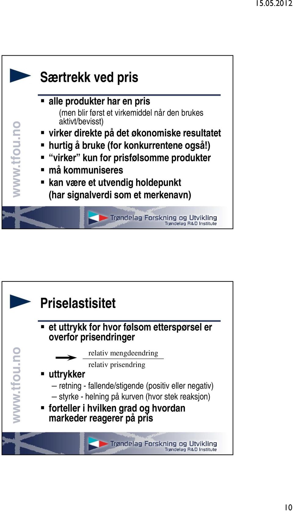 ) virker kun for prisfølsomme produkter må kommuniseres kan være et utvendig holdepunkt (har signalverdi som et merkenavn) Priselastisitet et uttrykk