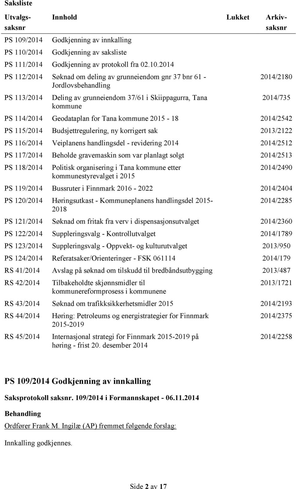 2014 Innhold Lukket Arkivsaksnr Godkjenning av innkalling Godkjenning av saksliste PS 111/2014 Godkjenning av protokoll fra 02.10.