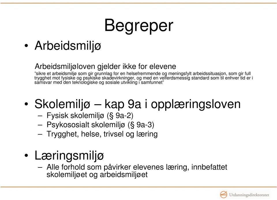 samsvar med den teknologiske og sosiale utvikling i samfunnet Skolemiljø kap 9a i opplæringsloven Fysisk skolemiljø ( 9a-2) Psykososialt