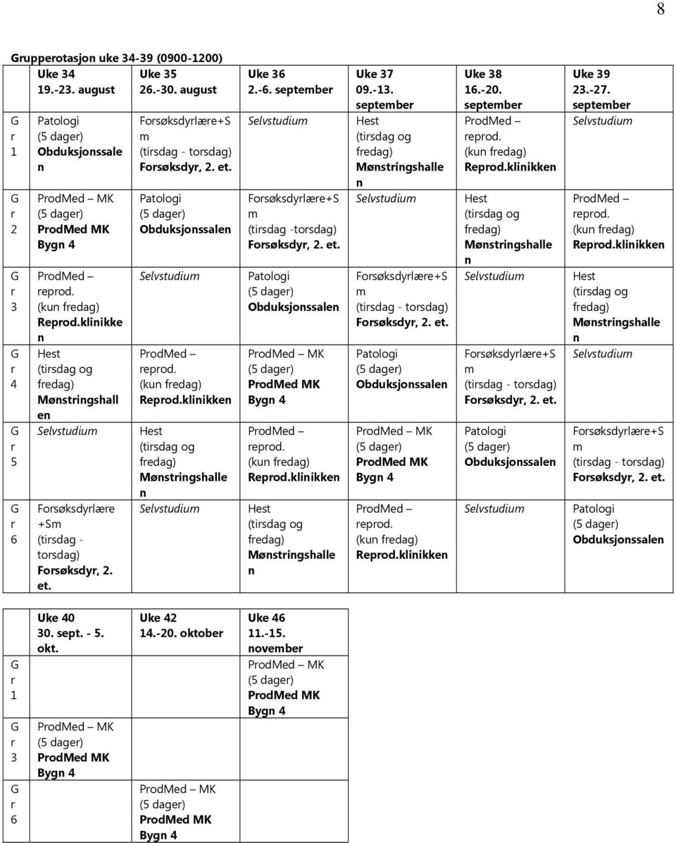 (kun fredag) Reprod.klinikken Hest (tirsdag og fredag) Mønstringshalle n elvstudium Uke 36 2.-6. september elvstudium Forsøksdyrlære+ m (tirsdag -torsdag) Forsøksdyr, 2. et.