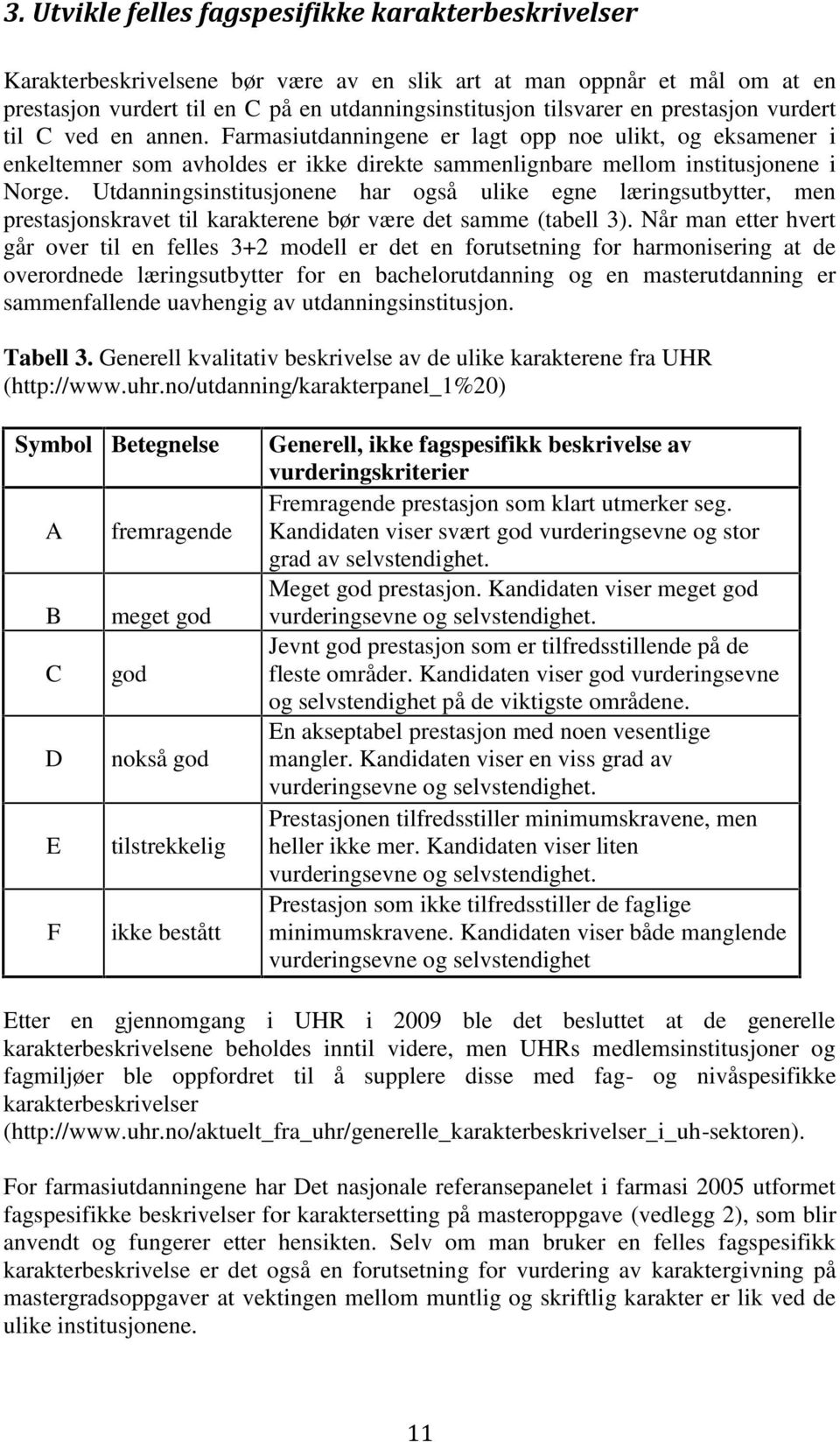 Utdanningsinstitusjonene har også ulike egne læringsutbytter, men prestasjonskravet til karakterene bør være det samme (tabell 3).