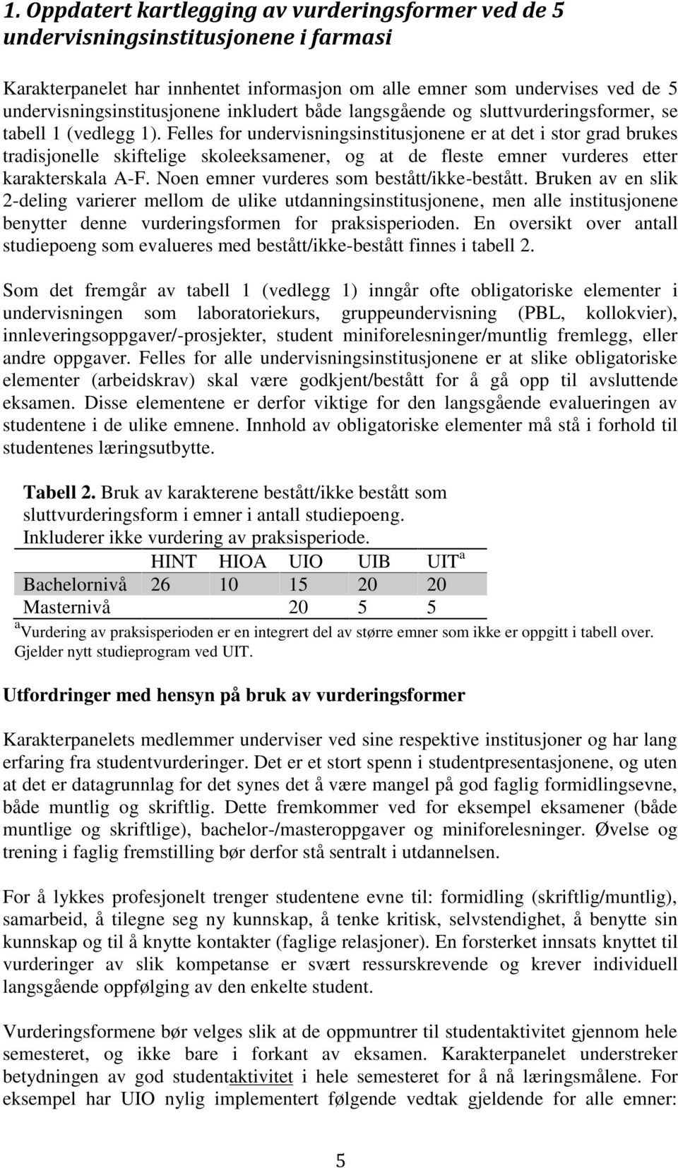 Felles for undervisningsinstitusjonene er at det i stor grad brukes tradisjonelle skiftelige skoleeksamener, og at de fleste emner vurderes etter karakterskala A-F.