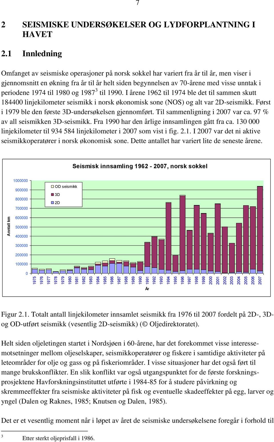 1 Innledning Omfanget av seismiske operasjoner på norsk sokkel har variert fra år til år, men viser i gjennomsnitt en økning fra år til år helt siden begynnelsen av 70-årene med visse unntak i