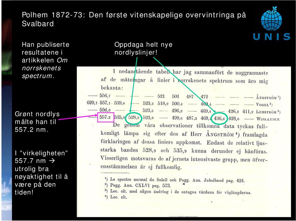 Oppdaga helt nye nordlyslinjer! Grønt nordlys målte han til 557.2 nm.