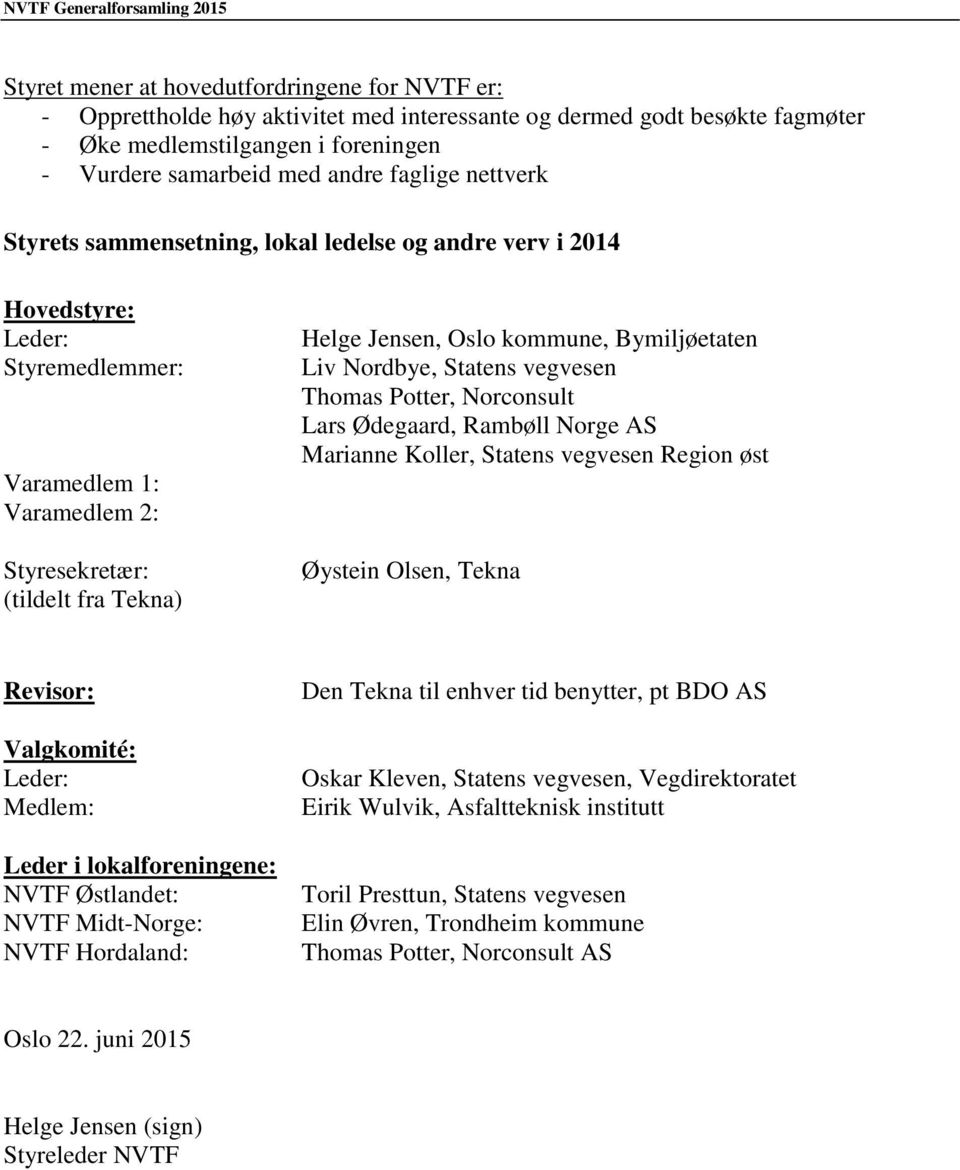 Bymiljøetaten Liv Nordbye, Statens vegvesen Thomas Potter, Norconsult Lars Ødegaard, Rambøll Norge AS Marianne Koller, Statens vegvesen Region øst Øystein Olsen, Tekna Revisor: Valgkomité: Leder: