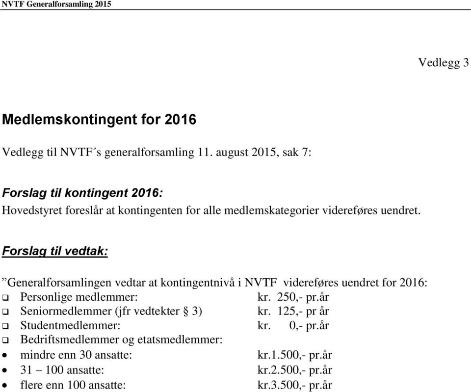 Forslag til vedtak: Generalforsamlingen vedtar at kontingentnivå i NVTF videreføres uendret for 2016: Personlige medlemmer: kr. 250,- pr.