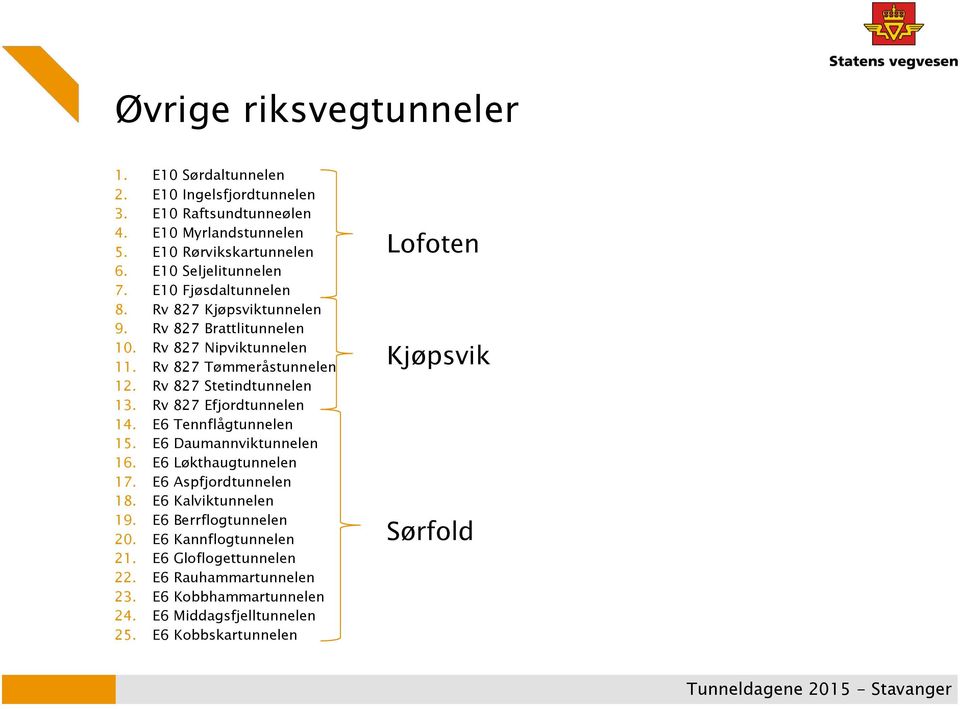 Rv 827 Stetindtunnelen 13. Rv 827 Efjordtunnelen 14. E6 Tennflågtunnelen 15. E6 Daumannviktunnelen 16. E6 Løkthaugtunnelen 17. E6 Aspfjordtunnelen 18.