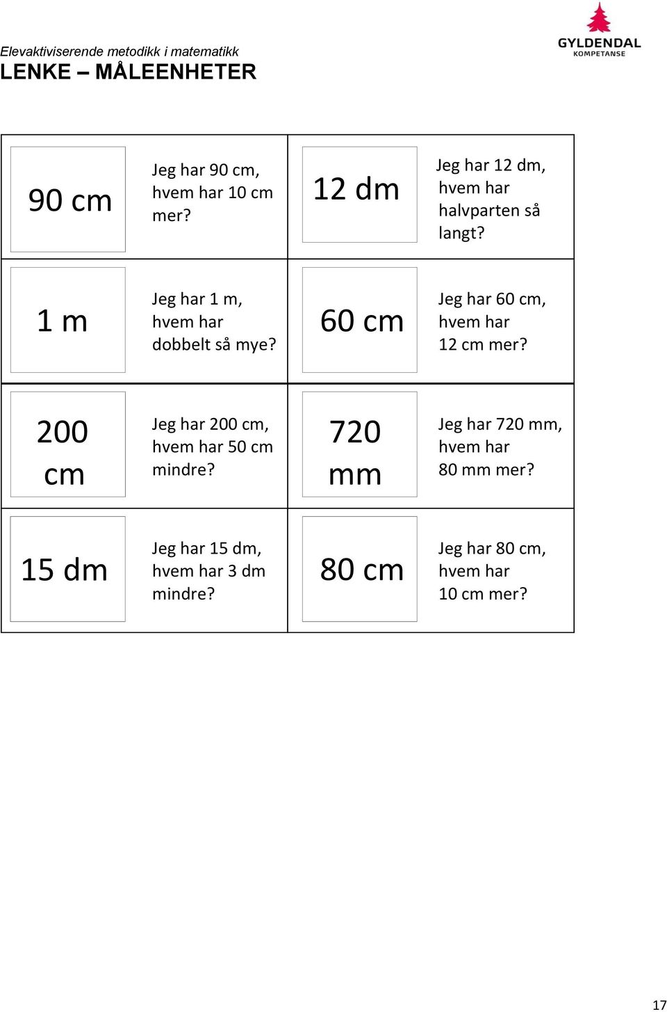 1 m 60 cm Jeg har 60 cm, hvem har 12 cm mer? 200 cm Jeg har 200 cm, hvem har 50 cm mindre?