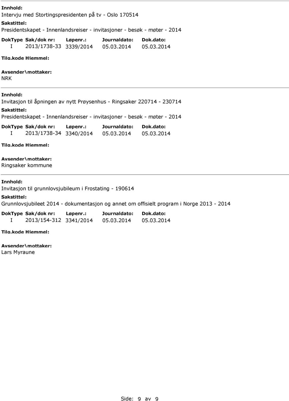 invitasjoner - besøk - møter - 2014 2013/1738-34 3340/2014 Ringsaker kommune nvitasjon til grunnlovsjubileum i Frostating - 190614