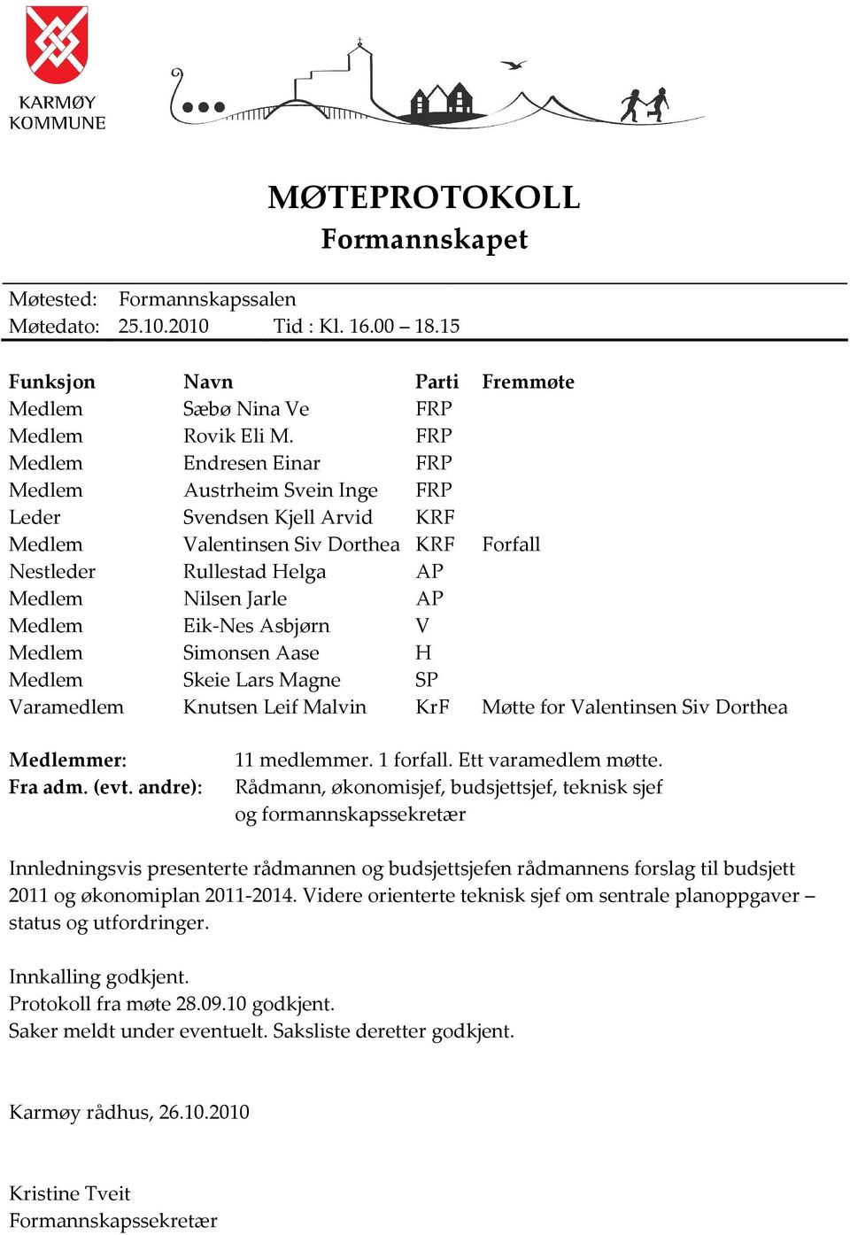 Eik-Nes Asbjørn V Medlem Simonsen Aase H Medlem Skeie Lars Magne SP Varamedlem Knutsen Leif Malvin KrF Møtte for Valentinsen Siv Dorthea Medlemmer: 11 medlemmer. 1 forfall. Ett varamedlem møtte.