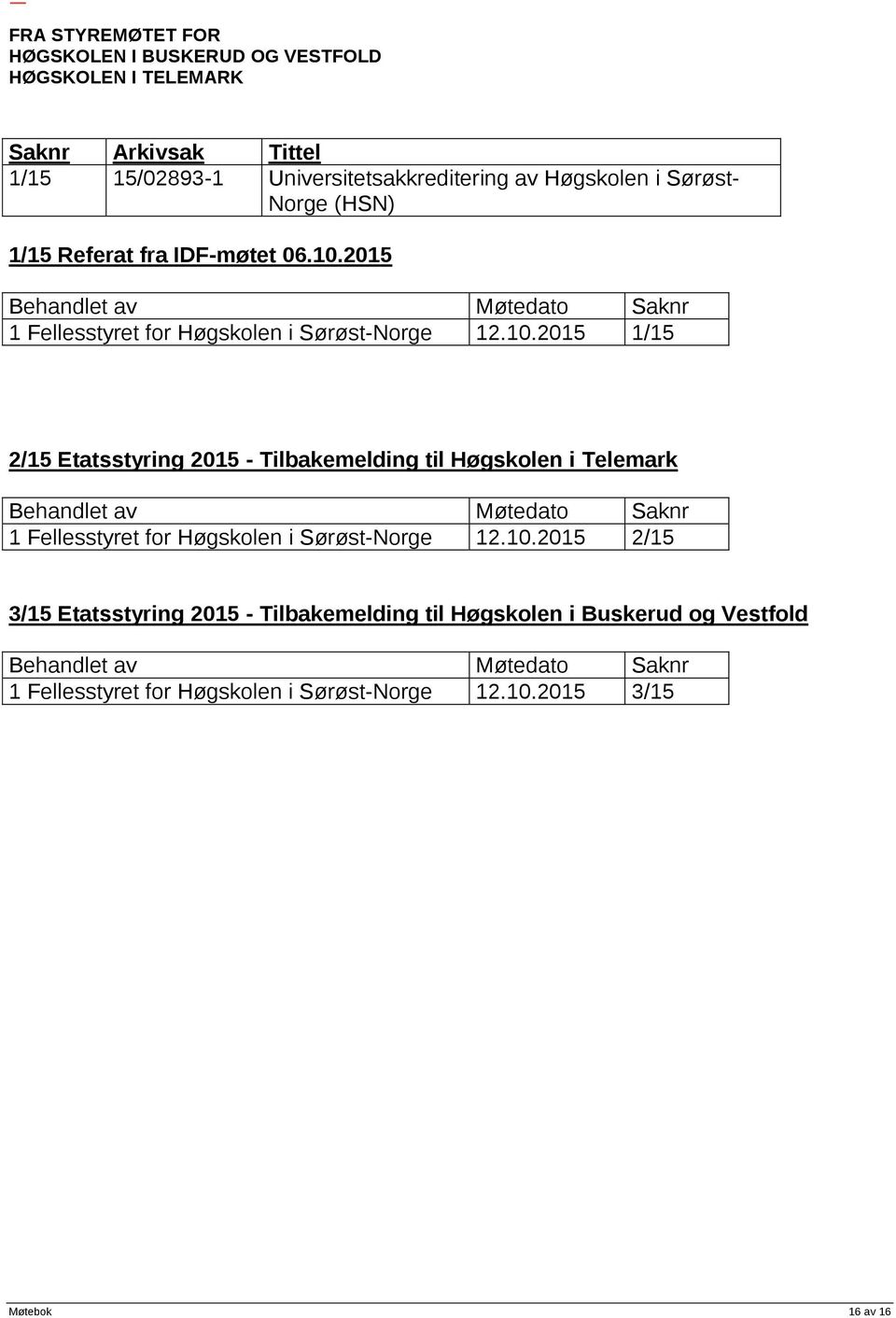 2015 1/15 Skriv inn forslag til vedtak 2/15 Etatsstyring 2015 - Tilbakemelding til Høgskolen i Telemark 1 Fellesstyret for Høgskolen