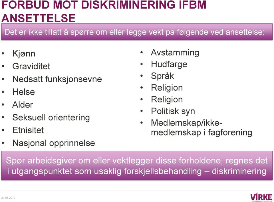 opprinnelse Avstamming Hudfarge Språk Religion Religion Politisk syn Medlemskap/ikkemedlemskap i fagforening