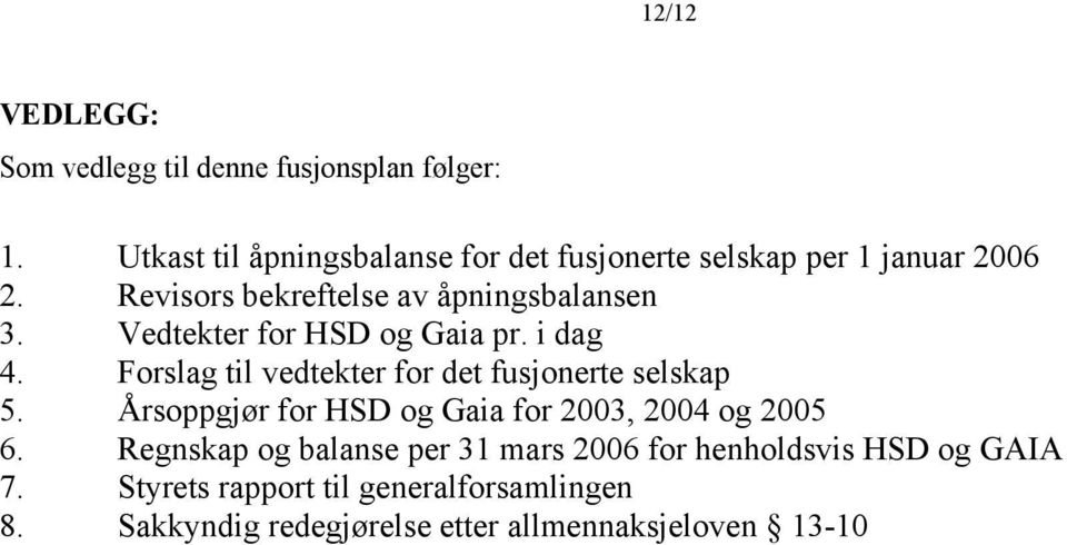 Vedtekter for HSD og Gaia pr. i dag 4. Forslag til vedtekter for det fusjonerte selskap 5.